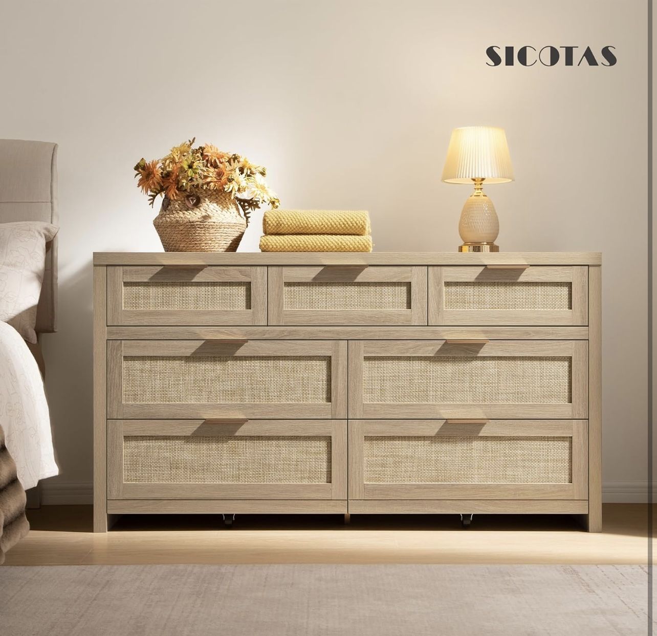 7 Drawer Dresser for Bedroom, 57" Wide Rattan Dressers, Large Chest of Drawers for Bedroom, Dresser TV Stand, Boho Closet Organizer (Reclaimed Light O