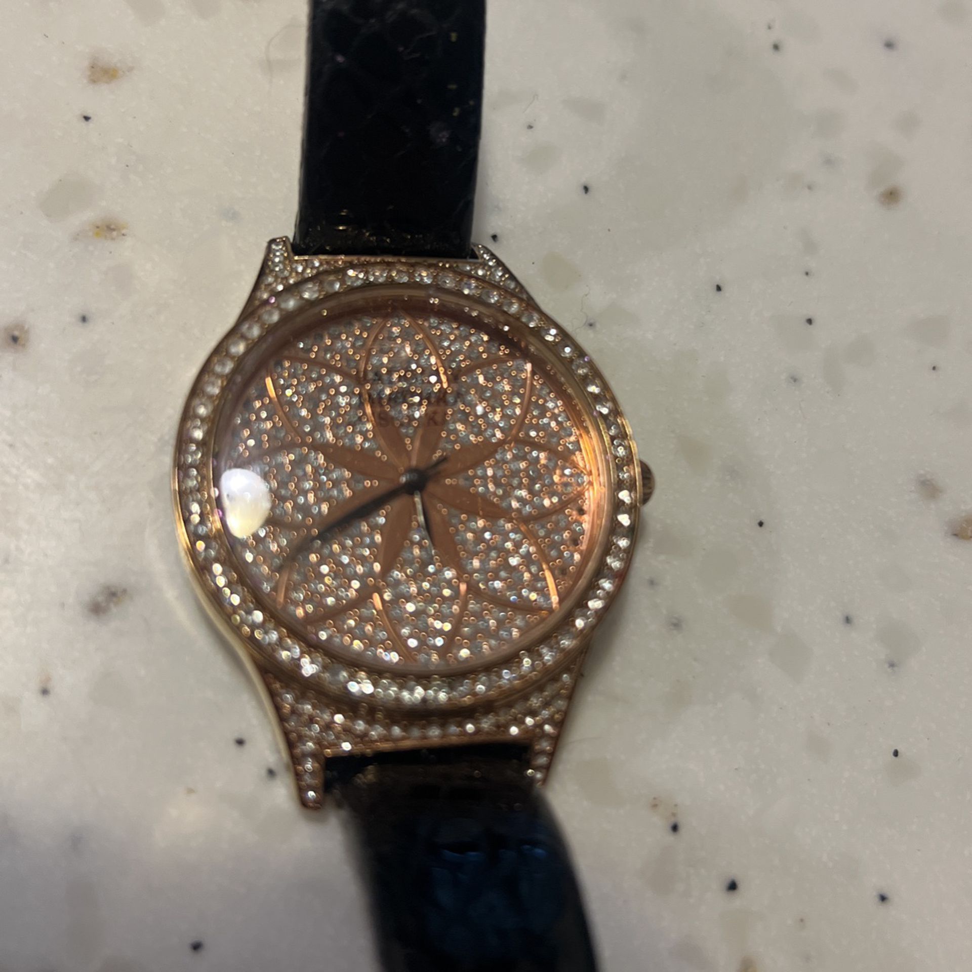 Badgley Mischka BA/1348PKBK Crystal Accented Rose Gold Tone Black Leather Watch
