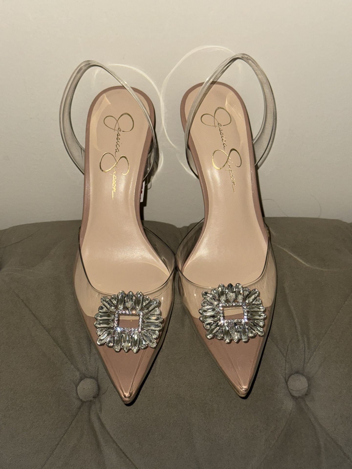 Jessica Simpson clear nude sling back embellishment heels size 8.5