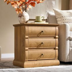 ES127 $60  22" Vintage Nightstand with 3 Curved Front Drawers & Retro Ring Pulls & Charging Station, Wood Bedside Table, End Table with Stable Base fo