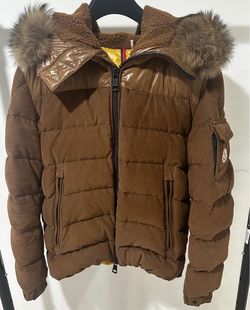 Moncler Brown Corduroy Puffer Jacket with Fur Hood