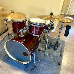 In Upland 91784. Gretsch Catalina birch 22 12 14” drum set PDP 14” FS birch snare Sabian cymbals PDP boom stands & throne Tama hihat bass pedal $675 c