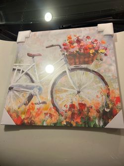 Vintage Bicycle with Flower Basket Canvas Wall Art, Impressionist Style — New