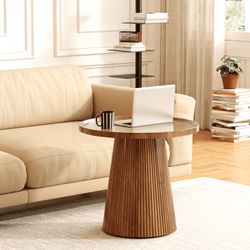 Round Wood Coffee Table, 24 Inch Walnut Coffee Table with Fluted Pedestal Base, Modern Tray Top Coffee Table for Living Room, Apartment