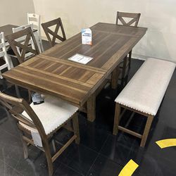 Moriville Brown 6 Piece Counter Height Dining Table, 4 Barstools And Bench Set