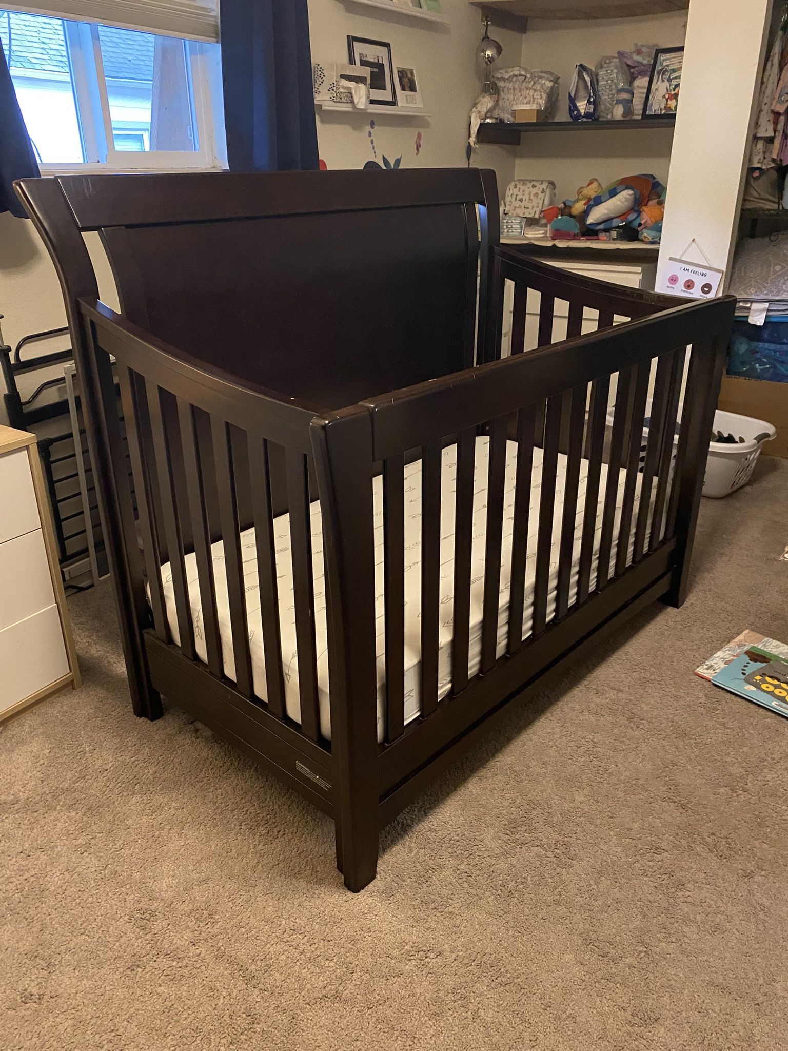 Crib, Mattress, Mattress Protector, and Sheets