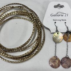 Boho Gold Bangle Stack & Earth-Tone Dangle Earrings Set