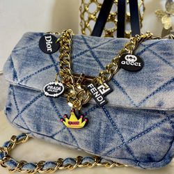 Chic Quilted Denim Bag With Designer Charms