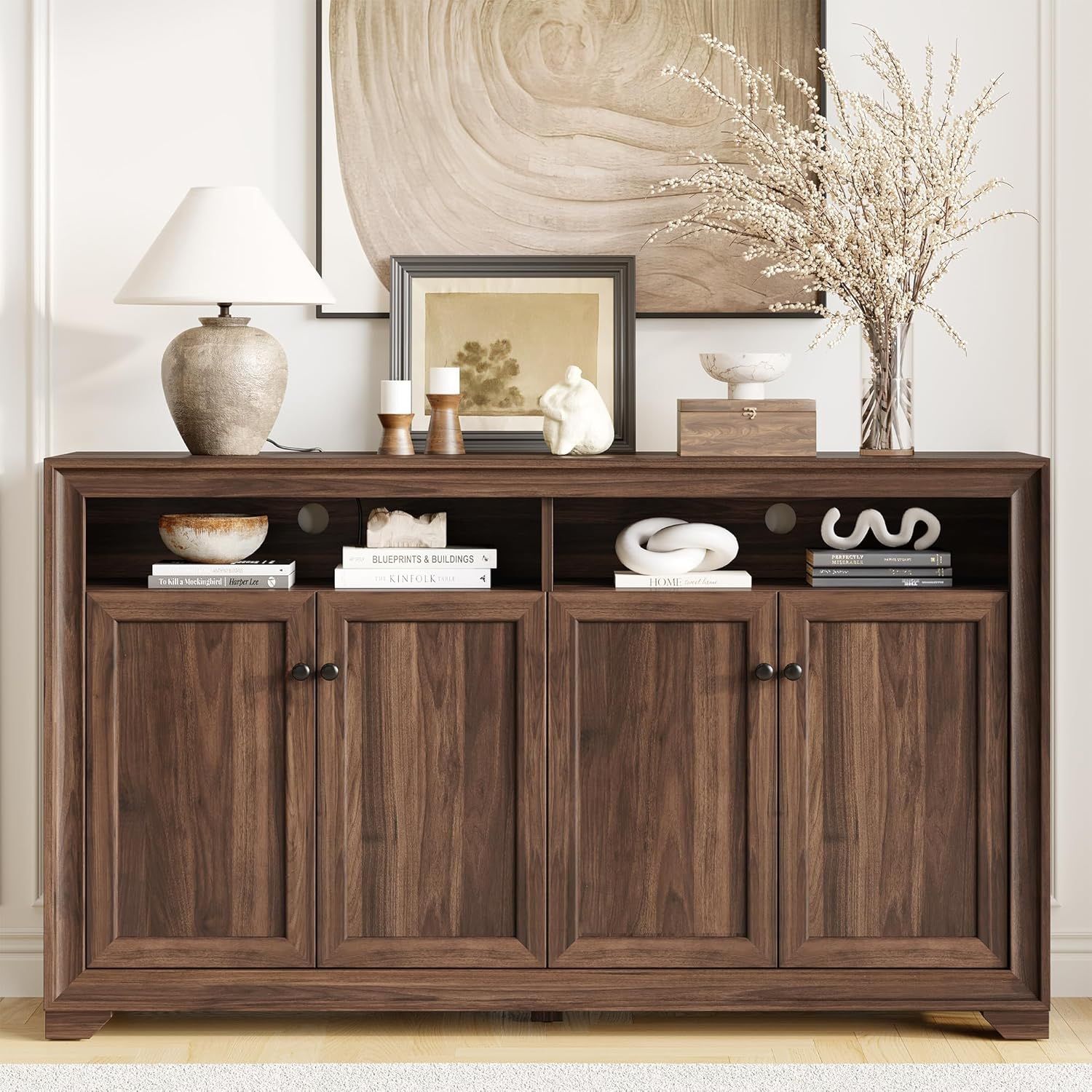 60 Inches Sideboard Buffet Cabinet with Storage, 4 Doors Large Sideboard, Kitchen Cabinet with Open Shelf & Adjustable Shelf, Kitchen Coffee Bar Conso