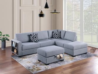 Brand New Gray Boucle 3-Piece Reversible Sectional Set W/ Ottoman