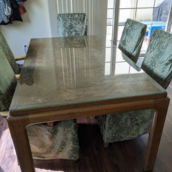 Wood Table With Glass Top & 6 Chairs 