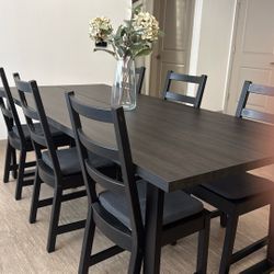 IKEA TRANEBO Black Dining Table + 6 NORDVIKEN Chairs w/ Cushions – Excellent Condition