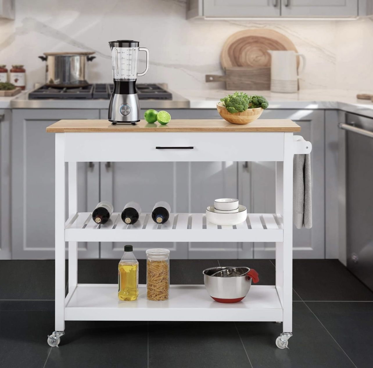 Trolley on Casters Kitchen Furniture 101 x 51 x 92 cm 1 Drawer 2 Shelves
