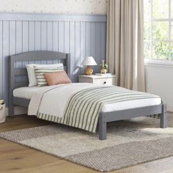 Twin Size Bed, Wood Platform Bed Frame, Gray