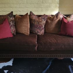 Brown Velvet Upholstery + Down Filled, Custom Pillow Back Sofa Couch