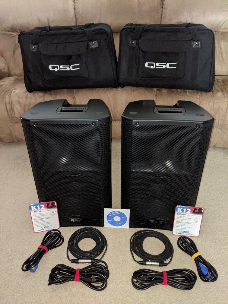2 QSC K12 Powered Speakers - Complete Setup with Bags, Stands & Cables