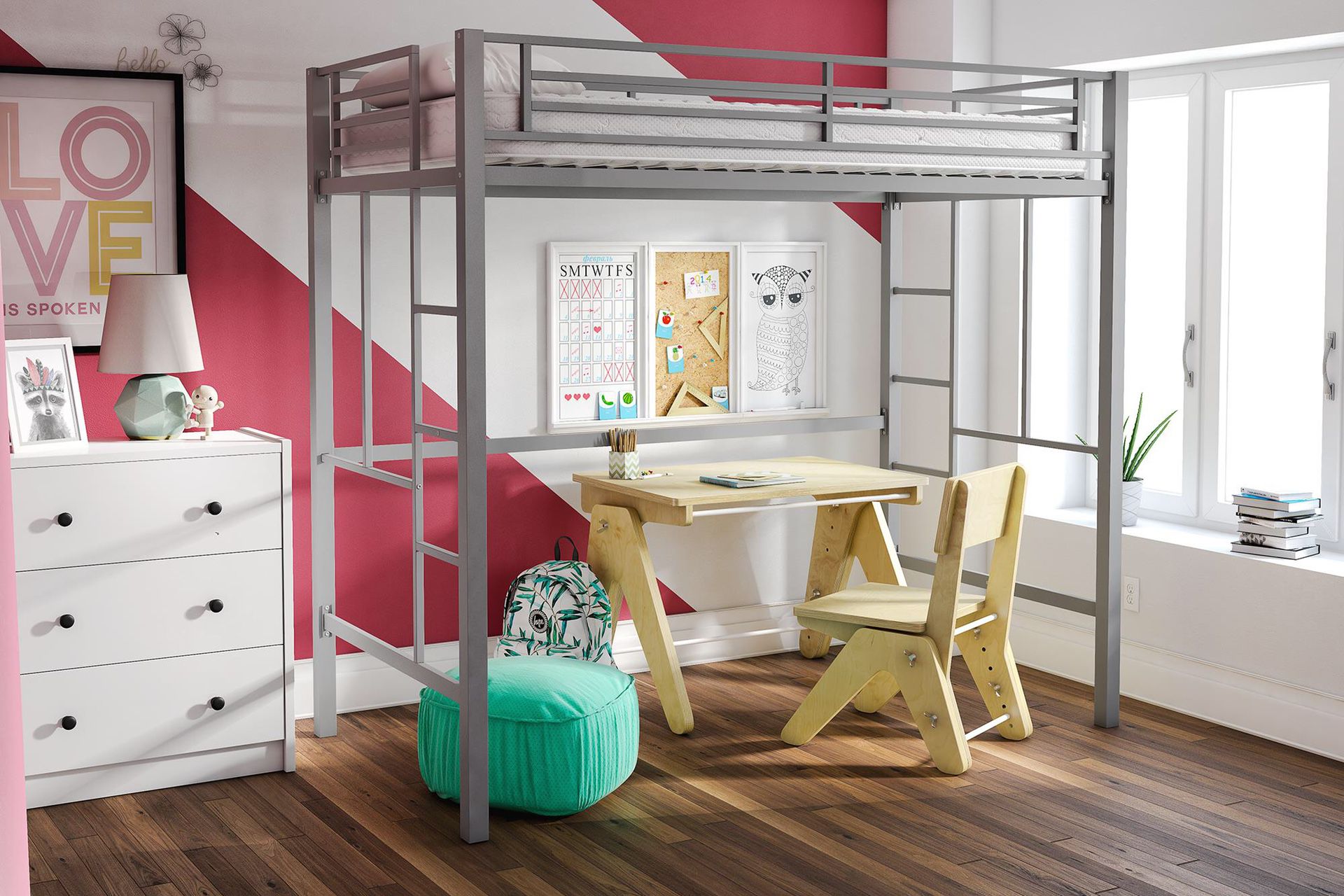 YourZone silver Metal Loft Bed, Twin Size with black desk (not pictured)