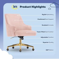 Serta Scarlett Modern Office Chair, Pleated and Curved Mid-Back Desk Chair, Pocket Coil Seat Cushion, Padded Armrests, Vanity Armchair with Wheels, Sw