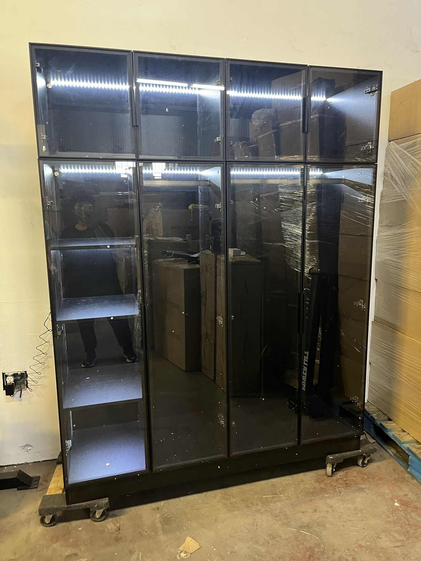 Wardrobe Cabinet with LED Light Strips, Modern Armoire Closet with Glass Doors, 59.1" W Large Bedroom Armoire Clothes Organizer with Shelve & Hanging