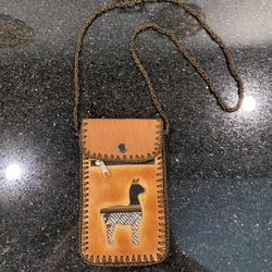 Handmade Peruvian Crossbody Leather Purse Cell phone Holder with LAMA Motif 4x7”