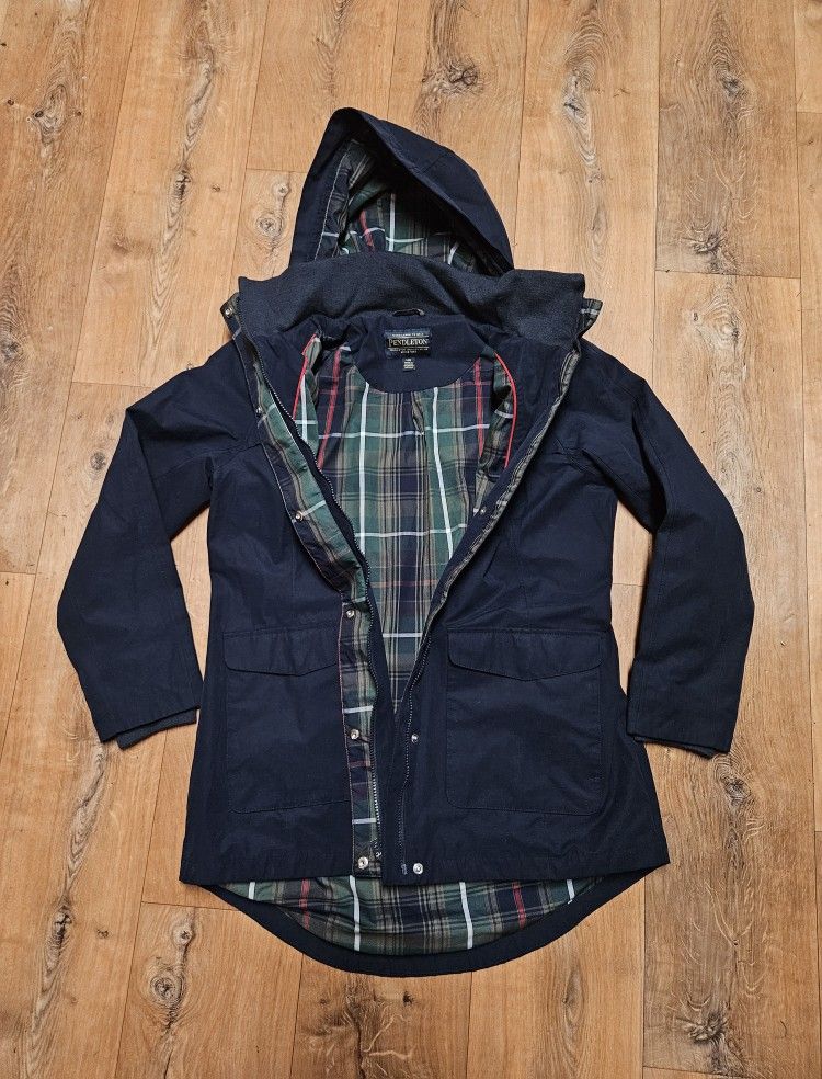 Pendleton Plaid Lined With Removable Hood Rain Jacket Womens Large Navy Full Zip