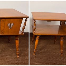 Vintage Ethan Allan Clover Cut 2 Tier Side End Table Pair. 2 Retro accent table with bottom shelf 