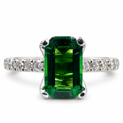 18k White Gold Ring with 1.07 Ct. Tsavorite and Diamonds 1.10 Ct. (Size 6.50)
