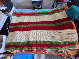 Large Hand-Knit Blanket Throw - Red, Green, & Off-White (75" x 50")