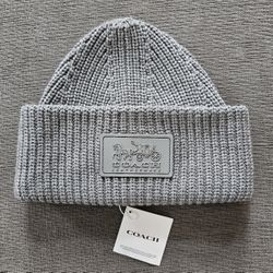 Coach Wool Grey Classic Ribbed Patch Cuff Winter Beanie hat