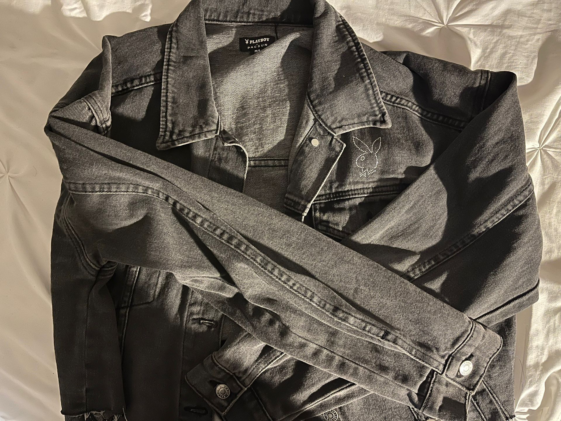 Pacsun X Playboy Bedazzled Cropped Jean Jacket Grey