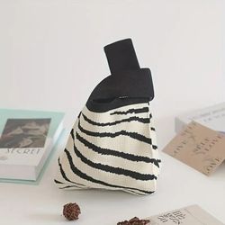 Korean‑Style Vertical Stripe Knit Handbag, Retro Black‑White Striped Wrist Bag, Minimalist Mini Tot
