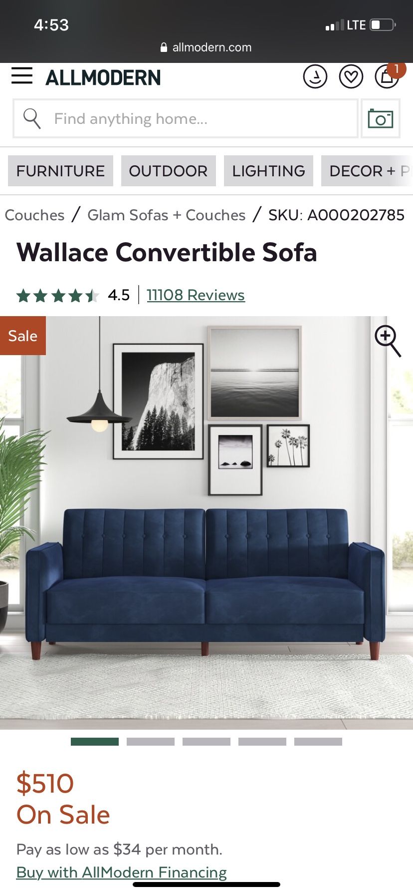 Royal blue velvet sofa couch