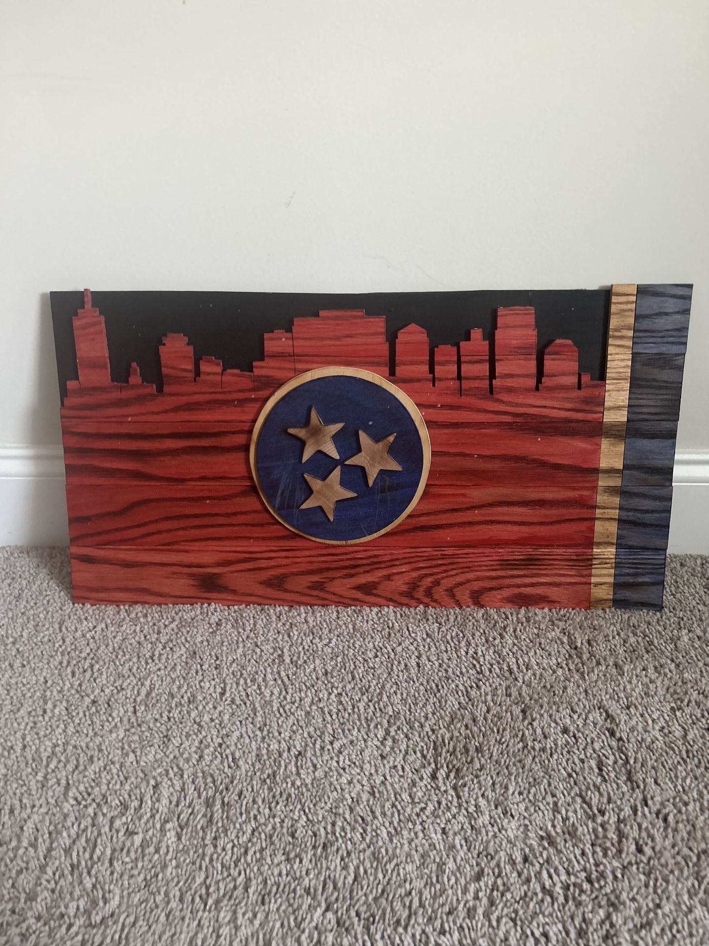 Handmade Wooden Nashville Skyline + Tennessee Flag Wall Art – Rustic Tristar Decor