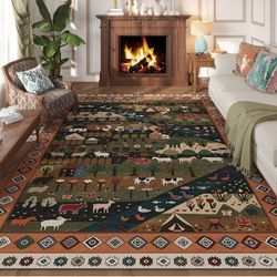 Vowkten Area Rugs 8x10 for Living Room Clearance Washable Nomadic Rug Non Slip Floral Animal Vintage Low Pile Large Rug for Bedroom, Farmhouse, Dining