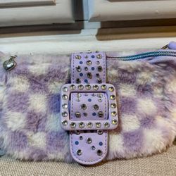 Purple & White Checkered Furry Purse