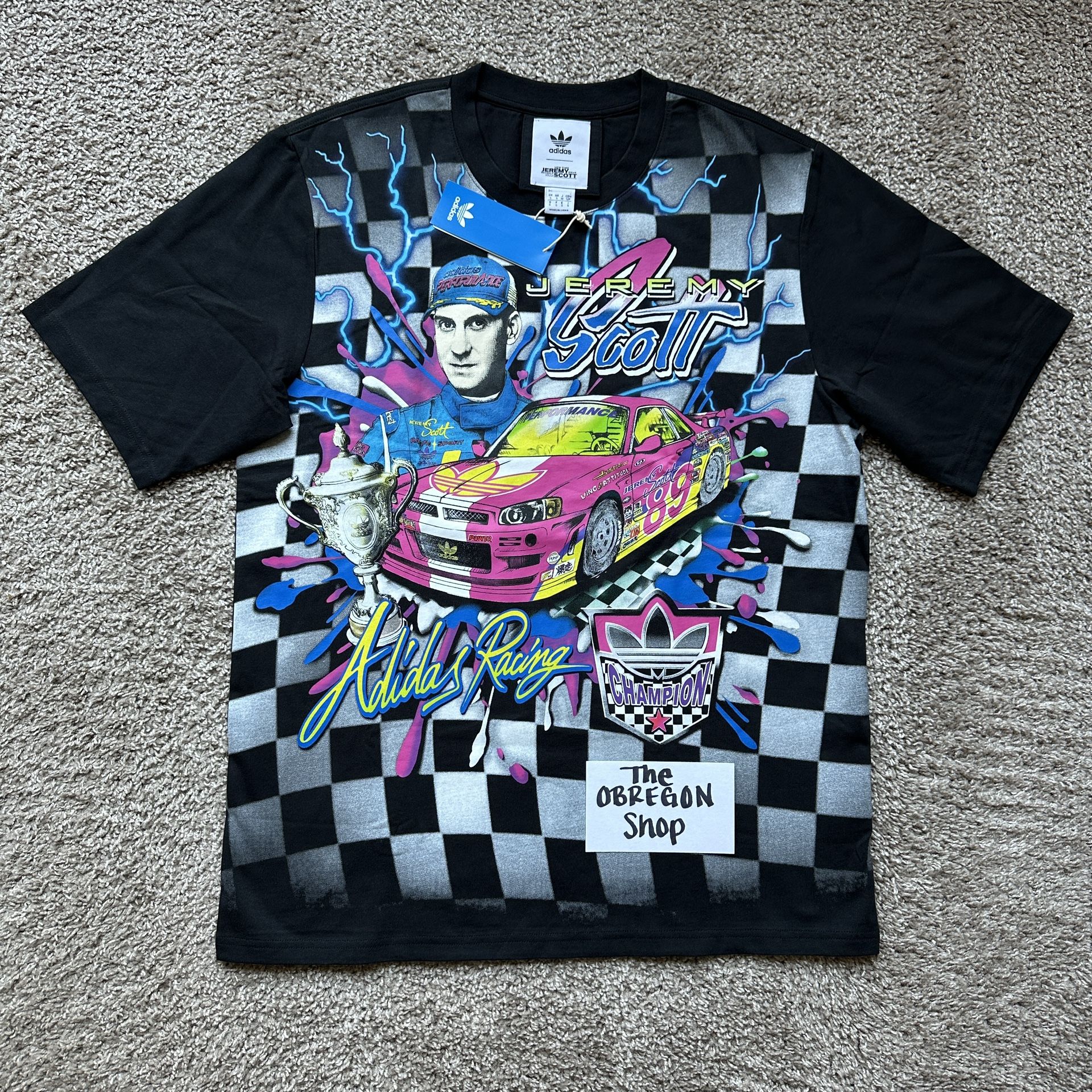 ADIDAS JEREMY SCOTT RALLY TEE SHIRT MENS SIZE SMALL CHECKERED NEON RACING BLACK WHITE NEW
