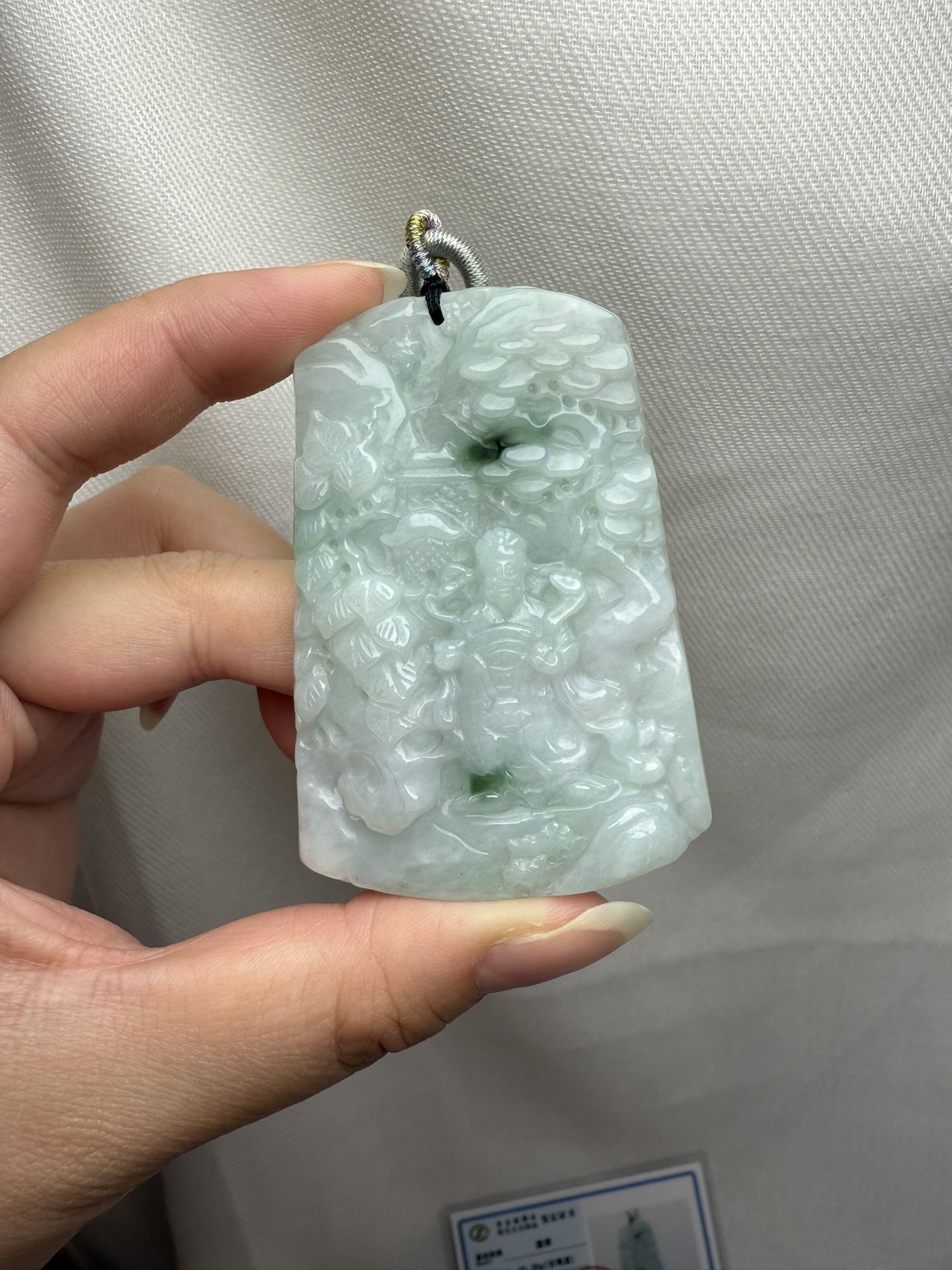 Certified Burma Jadeite Jade Engraved The Buddha of Wealth 財神 Pendant Cord Necklace