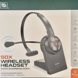 BRAND NEW DELTON 50X WIRELESS HEADSET NOISE CANCELLING MICROPHONE W/ CHARGING DOCK