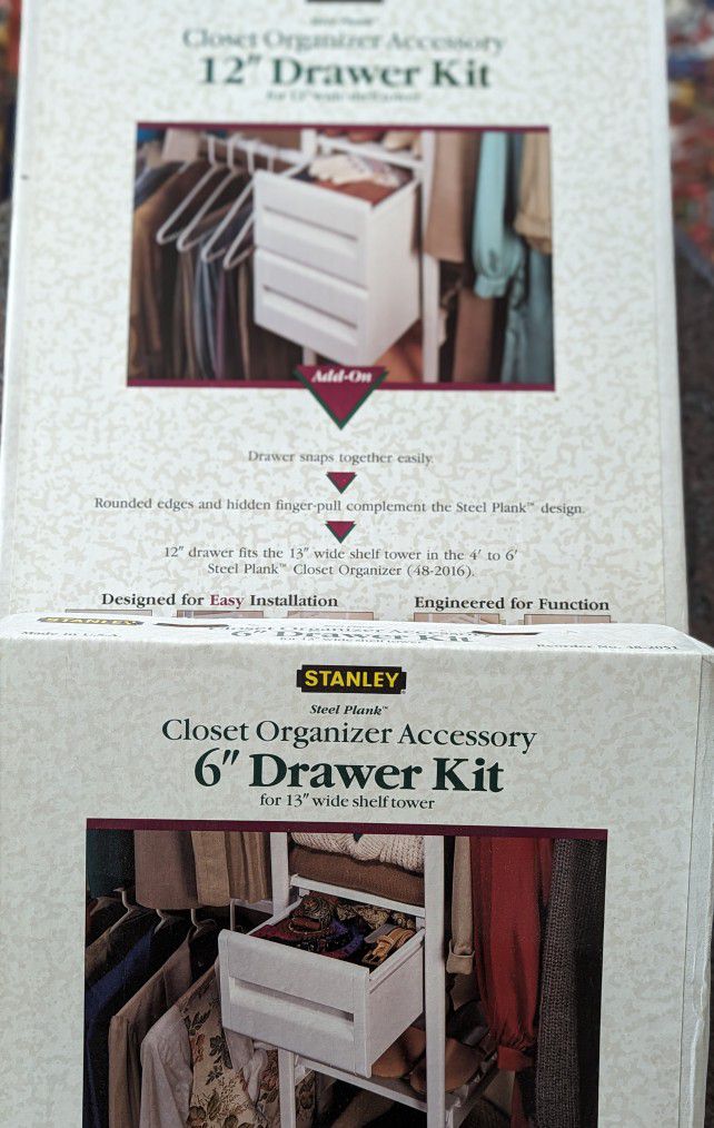 STANLEY Closet Organizer Accessory 12" & 6"  Drawer Kit .For 13" Wide Shelf  Tower.  Each $10