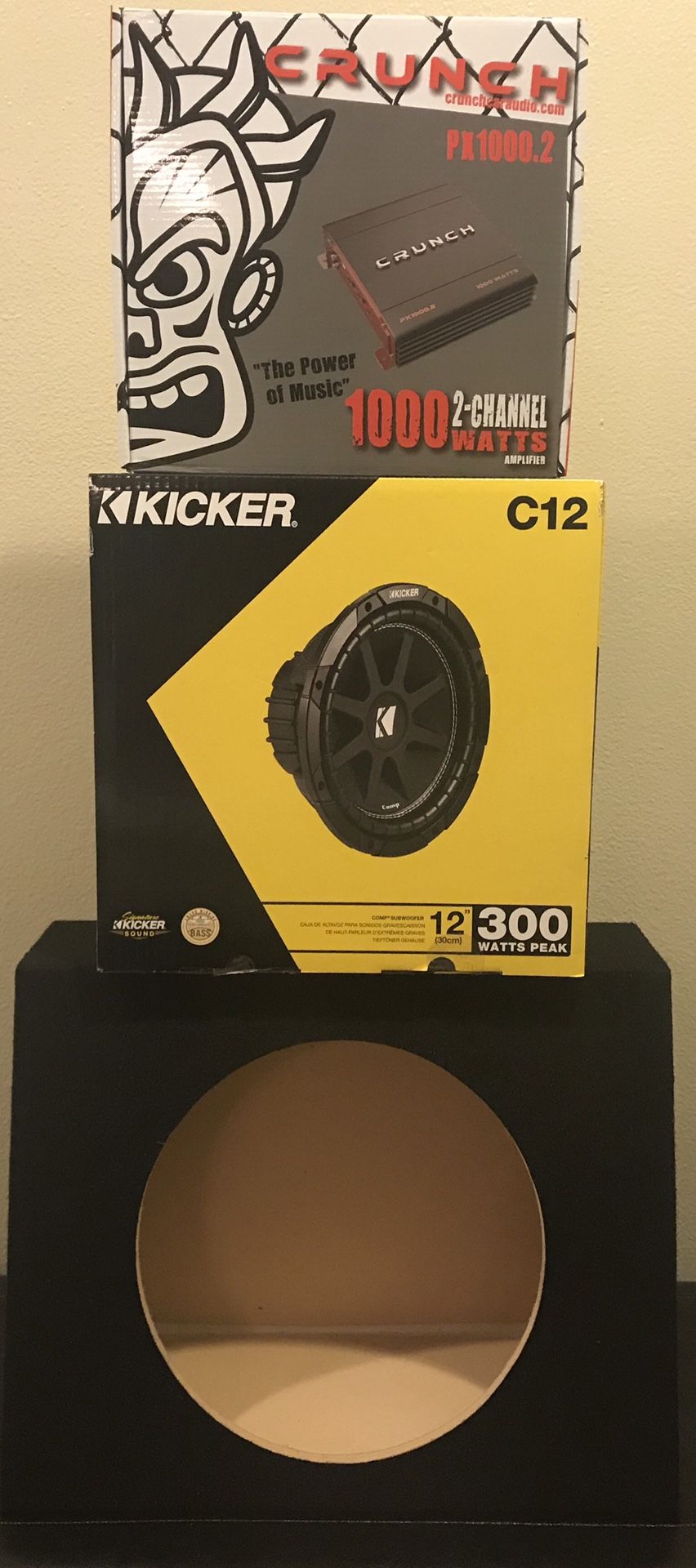 New 12” inch KICKER Comp Subwoofer + 1000 Watts CRUNCH Bass Amplifier Package w/ 12” Angled Truck Box 🔊🔥💰