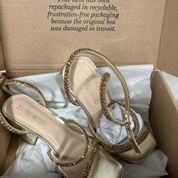 Size 8.5 Gold Women's Platform Strappy Heels Open Toe Ankle Strap Square Party Sandals Dress Shoes