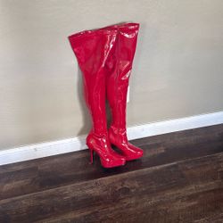 Red Patent Leather Thigh High Heel Boots