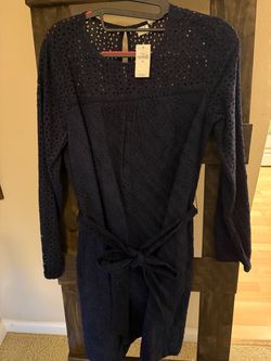 Navy Blue Eyelet Long Sleeve Dress XS