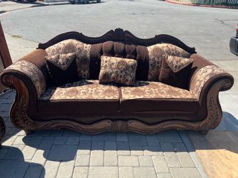 Victorian Style Carved Wood Sofa with Throw Pillows