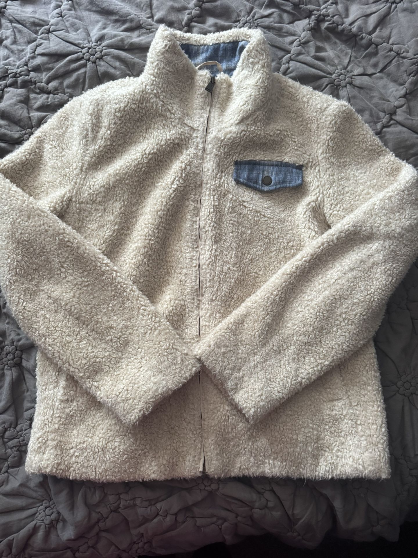 Pendleton Sherpa Fleece Jacket L Beige Zip Up Coat Plaid Pocket Trim Wool Blend