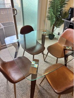 Modern Glass Dining Table + 4 Faux Leather Chairs | 40” Square | Mid-Century Style