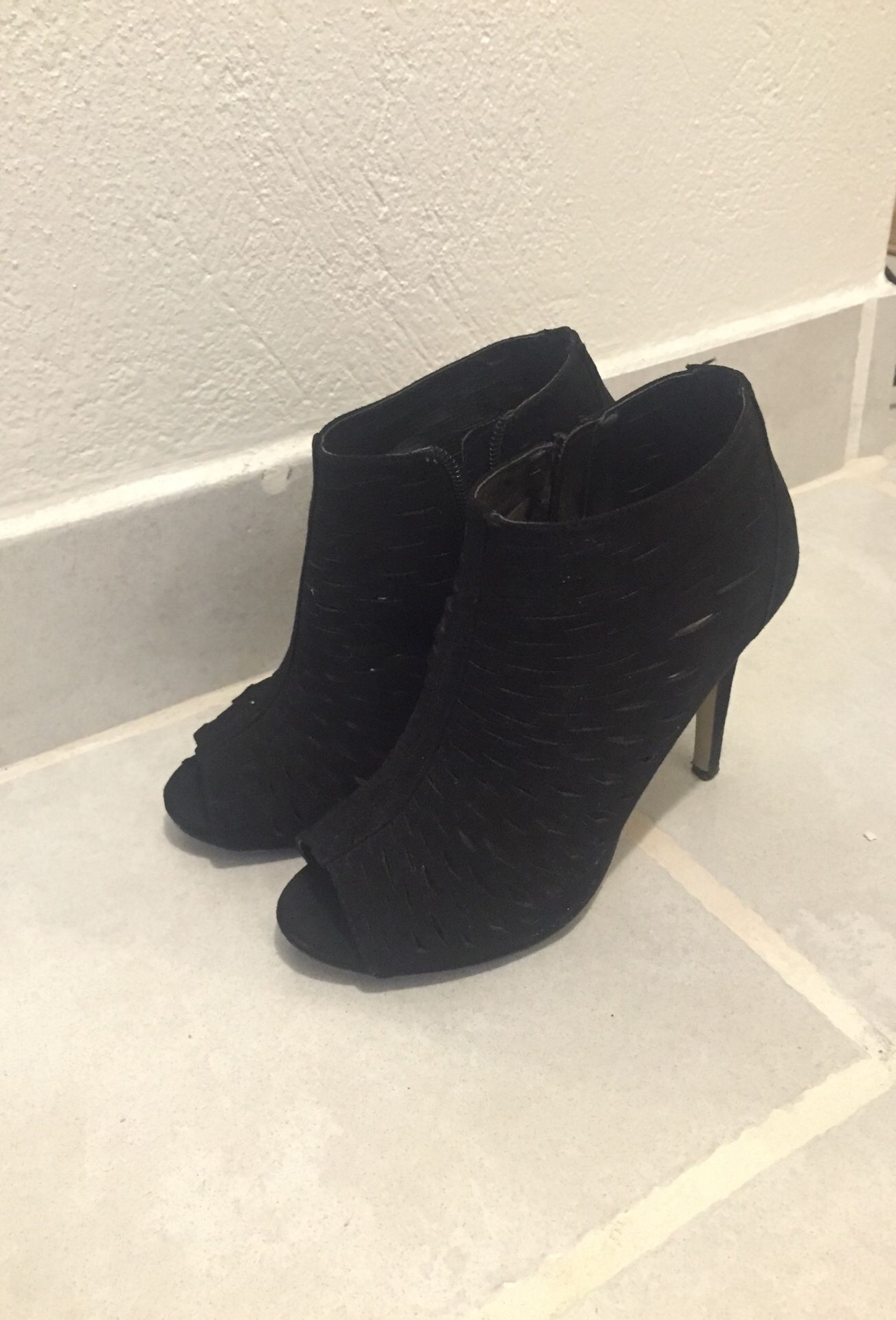 Black suede open toe boots