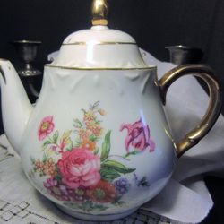 Edwardian porcelain teapot, floral transfer, embossed, gold trim, excellent condition, no stamp, circa 1900 vintage, antique, tea party


