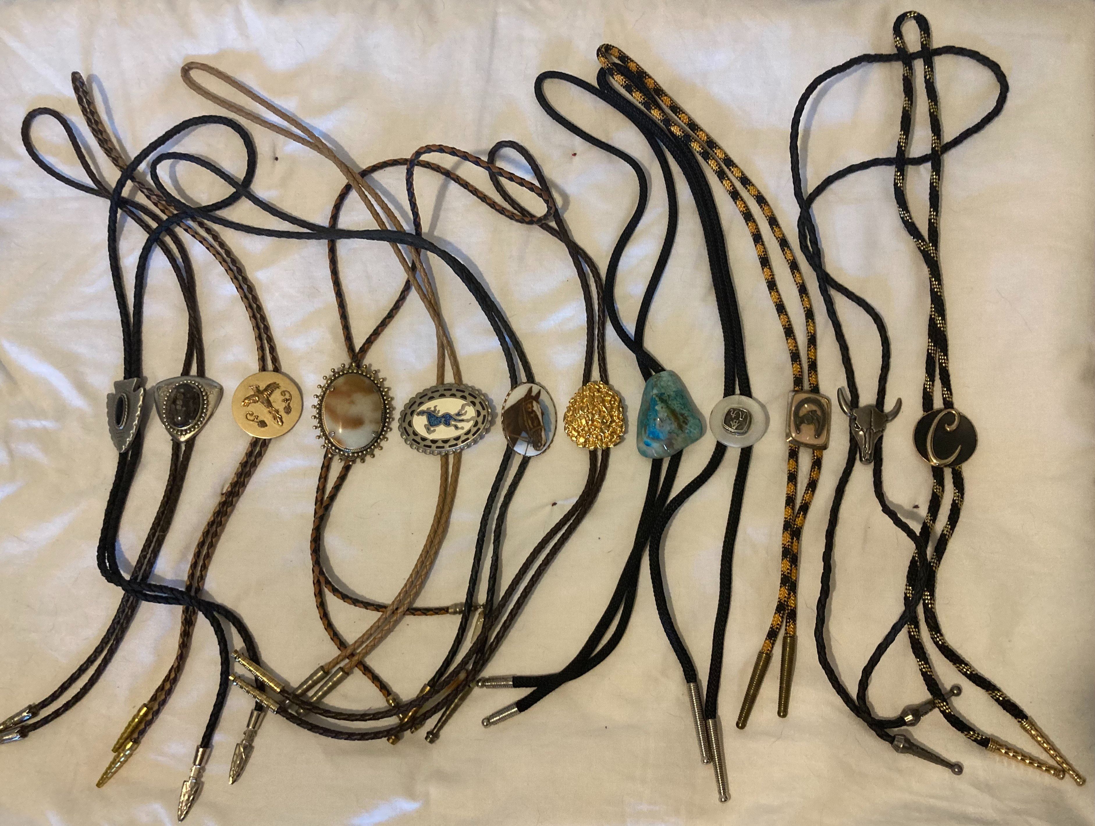 Vintage Lot of 12 Metal Bolo Ties, Nice Designs, Arrowhead, Horse, Bull, Turquoise, More, Quality, Heavy Duty, Made in USA, Country & Western, Cowboy,