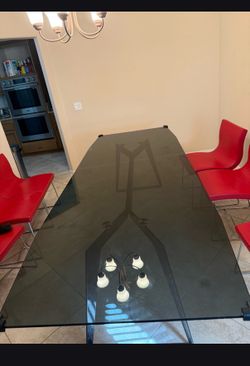 Roche Bobois Echoes" Dining Table - Smoked Glass & Sculptural Steel Base (Minor Imperfection)
